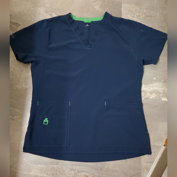Carhartt Force Scrub Fitted Top. Dark Blue with Green Accents. Size L. - Picture 2 of 9
